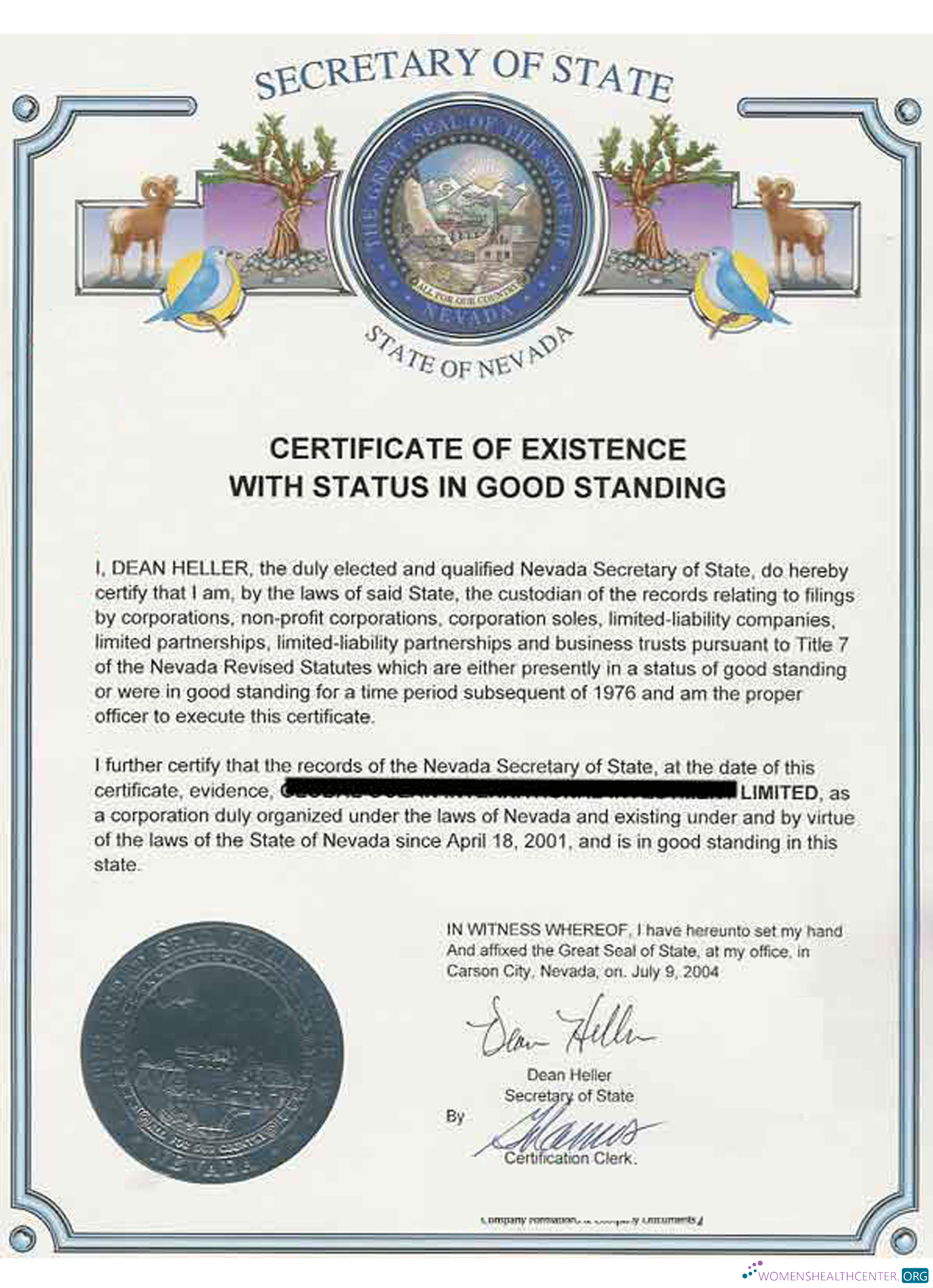 Download USA Nevada certificate of good standing Photoshop template